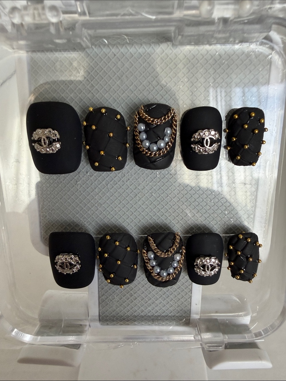 Custom Made Luxury Chanel Matte Black Nail Set with Gold Accents and Pearls NIB